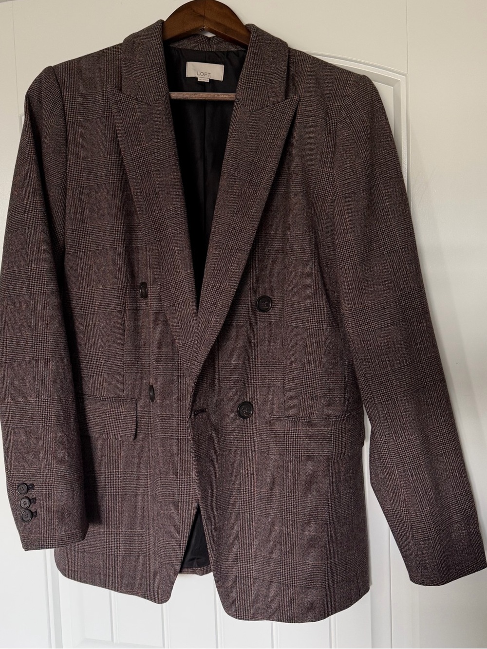 LOFT Double-Breasted Blazer in Deep Brown Plaid